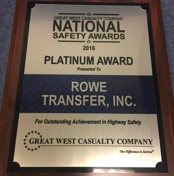 Rowe Transfer Receives Platinum Safety Award for Second Year in a Row
